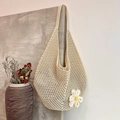 Cream crochet woven tote bag with oversized 3D flower detail for summer beach style - White