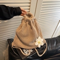 Light khaki hollow woven drawstring bag with 3D flower detail and shoulder straps - Khaki