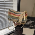 Rainbow striped woven crossbody bag with gold chain and colorful bohemian style - Multi White