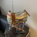 Cylindrical bohemian woven straw bag with colorful stripes and golden chain strap - Colorful Brown