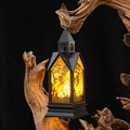 Gothische Halloween lantaarn met heks patronen hangend aan een rustieke houten tak - Heks