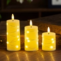 Set of 3 warm LED pillar candles with flickering flames and fairy light strings decor - 3-Piece Set / Wrapped With Wire Light