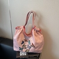 Pink pleated canvas tote bag featuring colorful butterfly embroidery and woven shoulder straps - Pink
