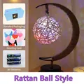 Handmade crescent moon rattan table lamp with LED ball, blue gift box and AA batteries - Rattan Ball Style / Battery Powered