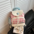 Mini-Rucksack mit rosa Karomuster und beigem Lederboden für modische Freizeit - Rosa