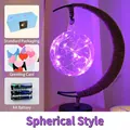 Purple LED moon lamp with spherical glass orb and decorative iron rattan stand gift set - Round Ball Style / Battery Powered