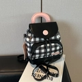 Mini-Rucksack mit Schachbrettmuster, rosa Griff und Smile-Patch für lässige Mode - Schwarz