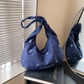 Dunkelblaue Canvas-Einkaufstasche mit Schmetterlingsstickerei und Schriftzug - Dunkelblau