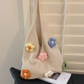 Chic cream knitted tote bag with colorful 3D crochet flowers for a summer floral look - Colorful