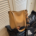 Khaki retro large capacity tote bag with cute plush rabbit charm and WWTU logo - Khaki With Pendant
