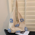 Cream knit tote bag with blue 3D flowers for women, casual summer shoulder accessory - Blue