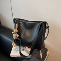 Black vintage bucket bag with large capacity and a cute bunny charm accessory - Black with Pendant