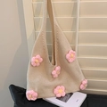 Beige crochet tote bag with 3D pink knitted flowers for a summer floral aesthetic - Pink