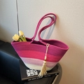 Large gradient purple woven tote bag with fringe charm and sturdy shoulder straps - Pink