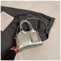 Silver metallic pillow handbag with cute corgi card insert on a dark grey blazer - Silver No Pendant