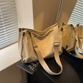 Borsa tote in tela crema versatile con tracolla ampia regolabile e multitasche - Bianco Sporco