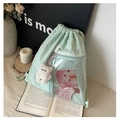 Mint green large capacity canvas drawstring backpack with clear pocket and bear charm - Mint Green