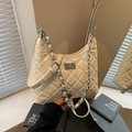 Chic beige quilted shoulder bag with glossy finish and silver chain strap detail - Off White