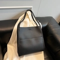 Minimalist black lychee texture leather tote bag with front pocket and dual handles - Black