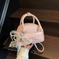 Pink patent leather bow mini bowling bag with pearl lace pendant and shoulder strap - Pink with Pendant