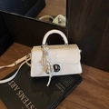 Glossy white patent leather mini square handbag with metal lock and silk knot charm - With Charm / White