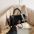 Glossy black patent leather mini crossbody bag with silk scarf handle detail - With Charm / Black