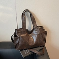 Large capacity vintage dark brown tote bag in premium faux leather with long strap - Brown