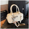 Cream white Boston handbag in glossy PU leather with metallic heart and bow charms - White With Pendant