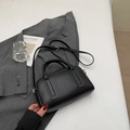 Black lychee texture Boston style handbag with dual top handles and adjustable shoulder strap - Black without Pendant