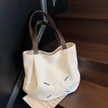 Borsa tote in tela bianco sporco con manici marrone scuro e cuciture blu - Bianco Sporco