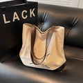 Grand sac fourre-tout en toile beige avec anses en cuir marron et coutures bleues - Khaki