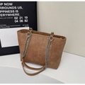 Close-up of brown tote bag with leather texture and stylish metal chain handle - Khaki Without Pendant