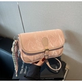 Close-up of pink marble pattern shoulder bag with golden buckle and silk scarf - With Pendant / Pink