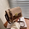 Chic beige and dark brown contrast leather crossbody bag with gold buckle hardware - Khaki