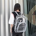 Detail of transparent PVC backpack with grey straps showing large capacity and mesh pockets - Gray