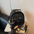 Black fashion backpack with white cartoon bear print and matching bear charm pendant - Black with Pendant