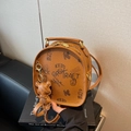 Brown leather vintage backpack with teddy bear print and matching bear charm - Brown with Pendant
