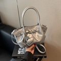 Silver metallic bucket bag with heart mirror charm and adjustable shoulder strap - Silver (With Pendant)
