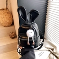 Black PU leather mini backpack featuring rabbit ears and a plush monster charm - With Charm / Black