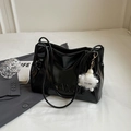 Glossy black patent leather shoulder bag with white plush charm and letter embossing - Black with Pendant