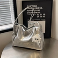 Metallic silver hobo bag with pleated leather texture and plush monster keychain - Silver (With Pendant)