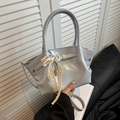 French vintage light blue crossbody basket bag with pearl bow charm and gold buckle - Blue with Charm