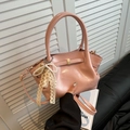 Pink patent leather bucket bag with lace pearl bow and gold metal hardware accents - Pink with Pendant