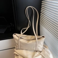 Minimalist cream white glossy baguette shoulder bag with long dual straps and logo - No Pendant / Apricot