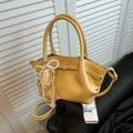 Ginger yellow PU leather handbag with pearl lace bow charm and adjustable strap - Yellow with Pendant
