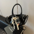 French vintage black glossy basket bag with lace bow and pearl charm pendant - Black with Pendant