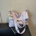 Lavender large tote bag in glossy wrinkled leather with pearl bow charm and shoulder strap - Taro Purple (With Charm)
