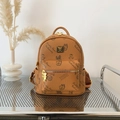 Brown lychee leather mini backpack with bear print and golden metal pendant - No Pendant / Brown