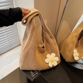 Beige crochet tote bag with white 3D daisy flower in bohemian knitted style - Khaki