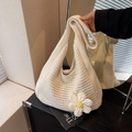 White crochet tote bag with a 3D daisy flower charm and wide shoulder strap - Off White
